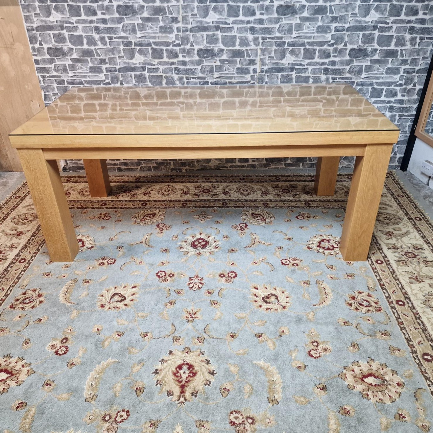 Oak Furniture Land Solid Oak Dining Table with Glass Top - Reloved ...